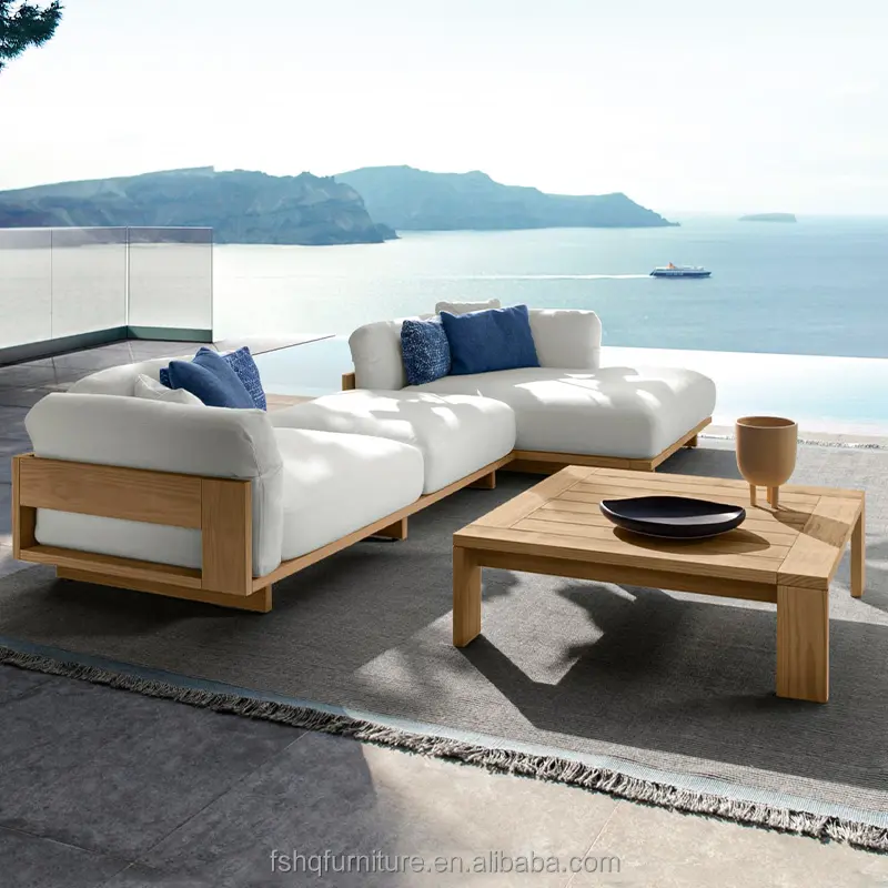 أريكة عصرية خارجية من خشب الساج ، أثاث مقاوم للماء ، حديقة الفناء الخشبي ، أريكة خشبية