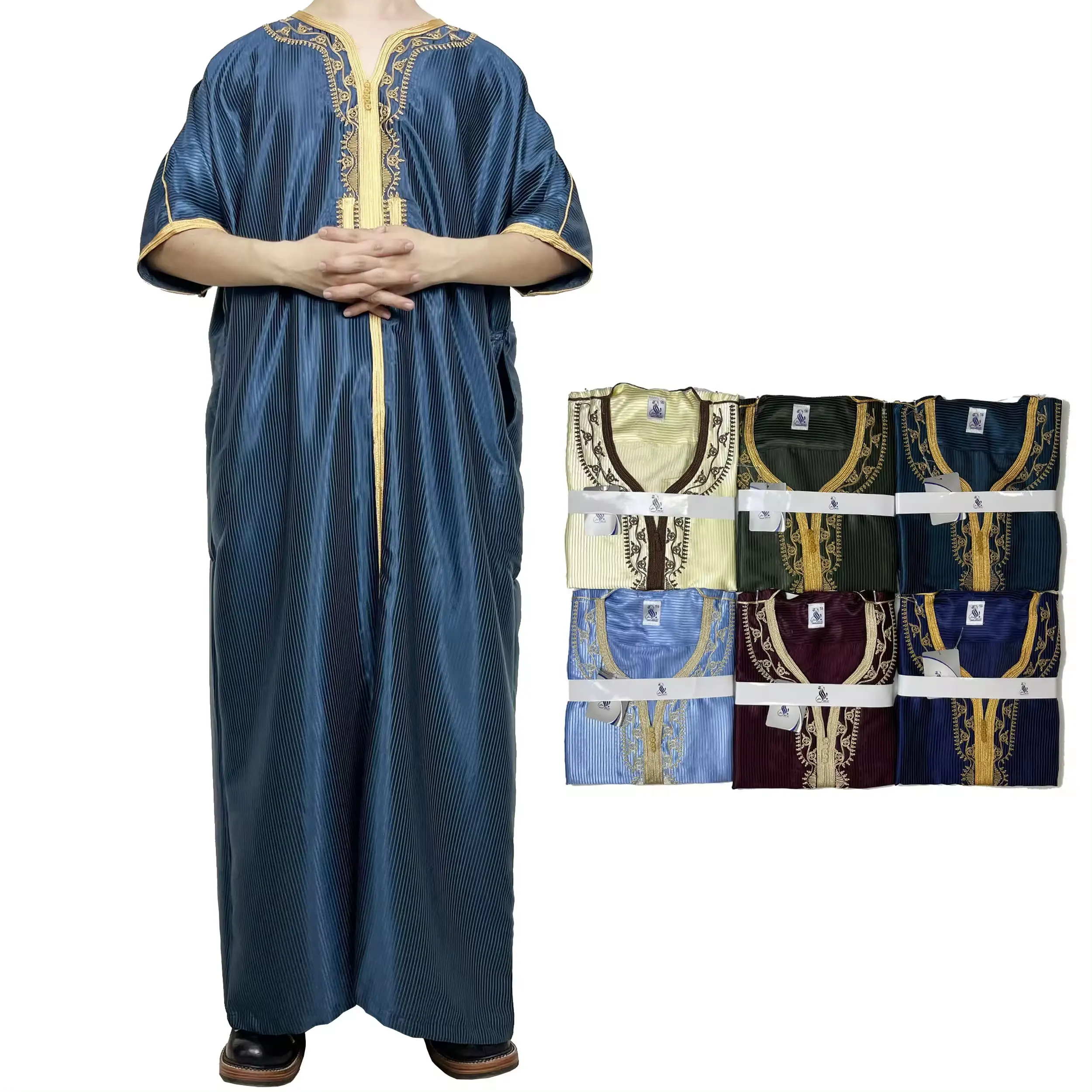 Pakaian tradisional Muslim Kaftan jubah Dubai Islam pria Arab Saudi kain sutra mengkilap Maroko untuk pria