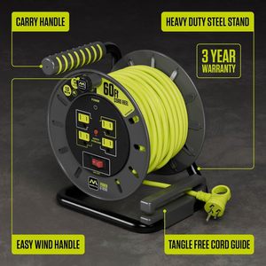 Masterplug 60ft geri çekilebilir uzatma kablosu 4 topraklı çıkışları 13 amper 14AWG kablo 14 çıkışları 13 amper 14AWG kablo güç anahtarı