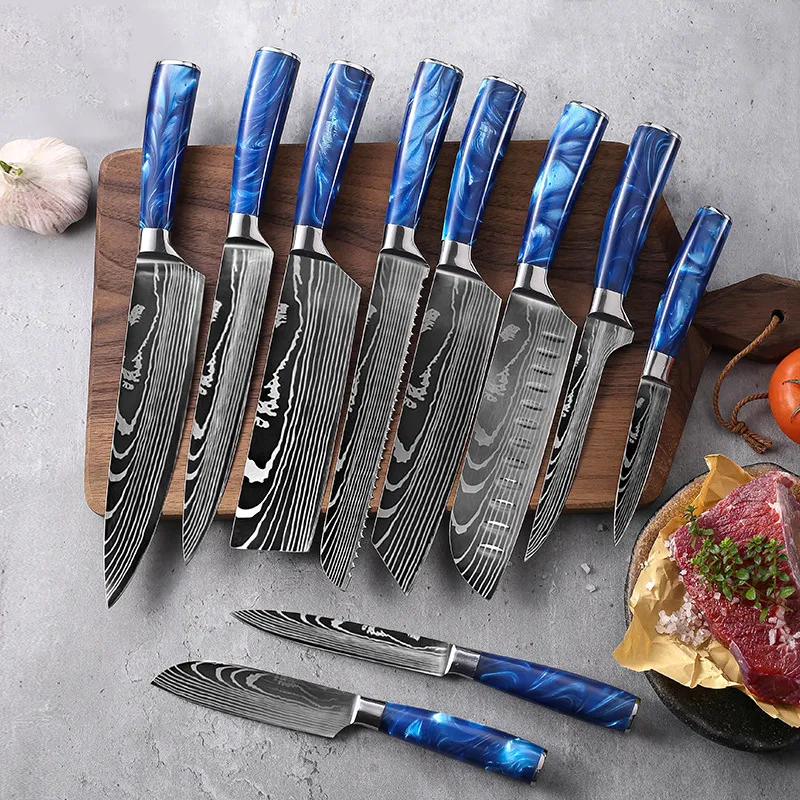 MANJIA Japanese 10 Pcs Luxury Resin Handle Stainless Damascus Texture Blade Professional Bread Nakiri Chef Kitchen Knife Set