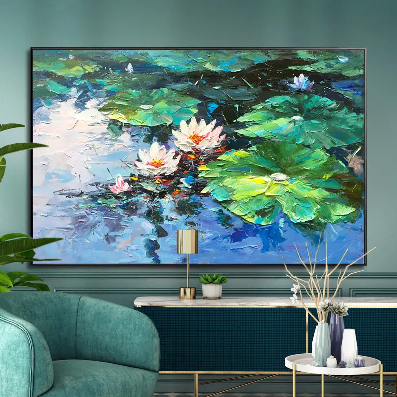 Living Home Room Decor Gift 100% Pintado a mano Gold Lotus Pond Green Lotus Flower pintura al óleo