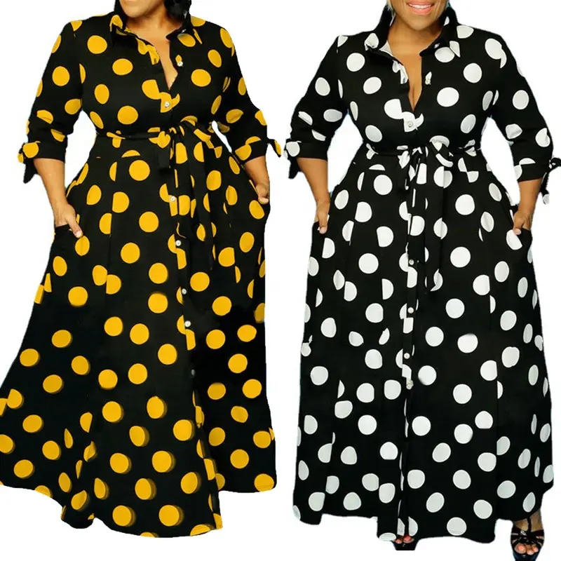 Großhandel Tasche Langarm Langarm Hohe Taille Plus Size Shirt Langes Kleid Lose Lässig Schwarz-Weiß Polka Dot Print Kleid