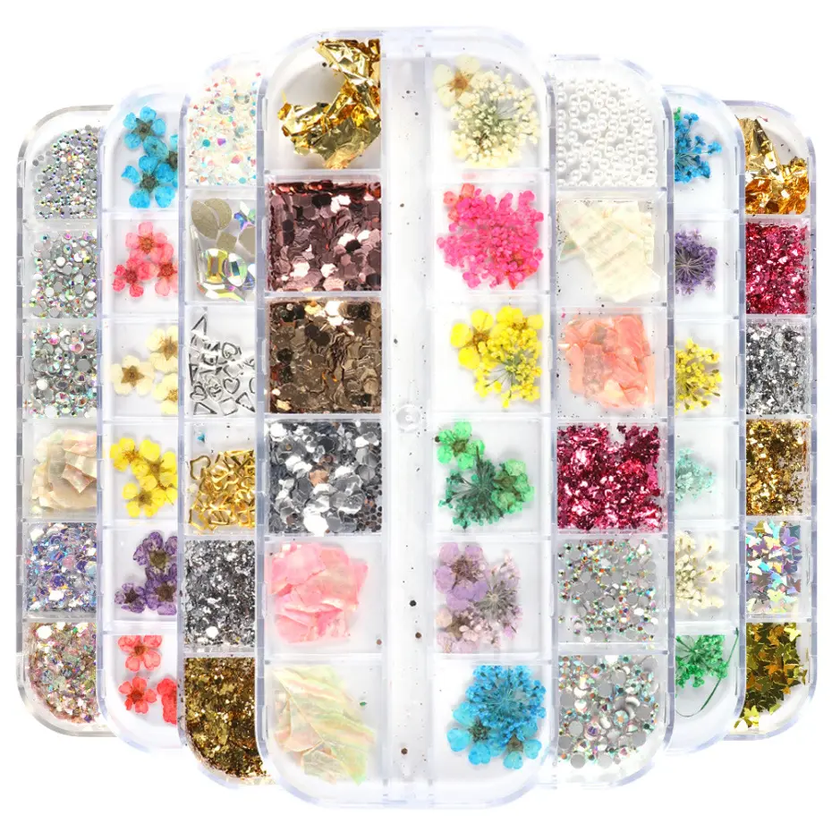 Esmalte de Gel UV para decoración de uñas, 12 rejillas por caja, juego deslizante de pegatinas de flores secas en 3D