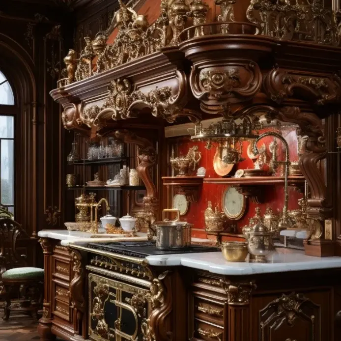 خزانة مطبخ الروكوكو الرائعة والممتازة والمذهلة والمزخرفة بالجرينيت زينة لقلعة المطبخ