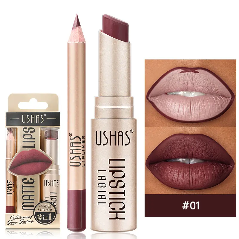 Usmemiliki Set Lip Liner Matte ringan Nude dan Lipstik, 24 horas asli matte larga duracion lipstik Cup non-lengket Set rias