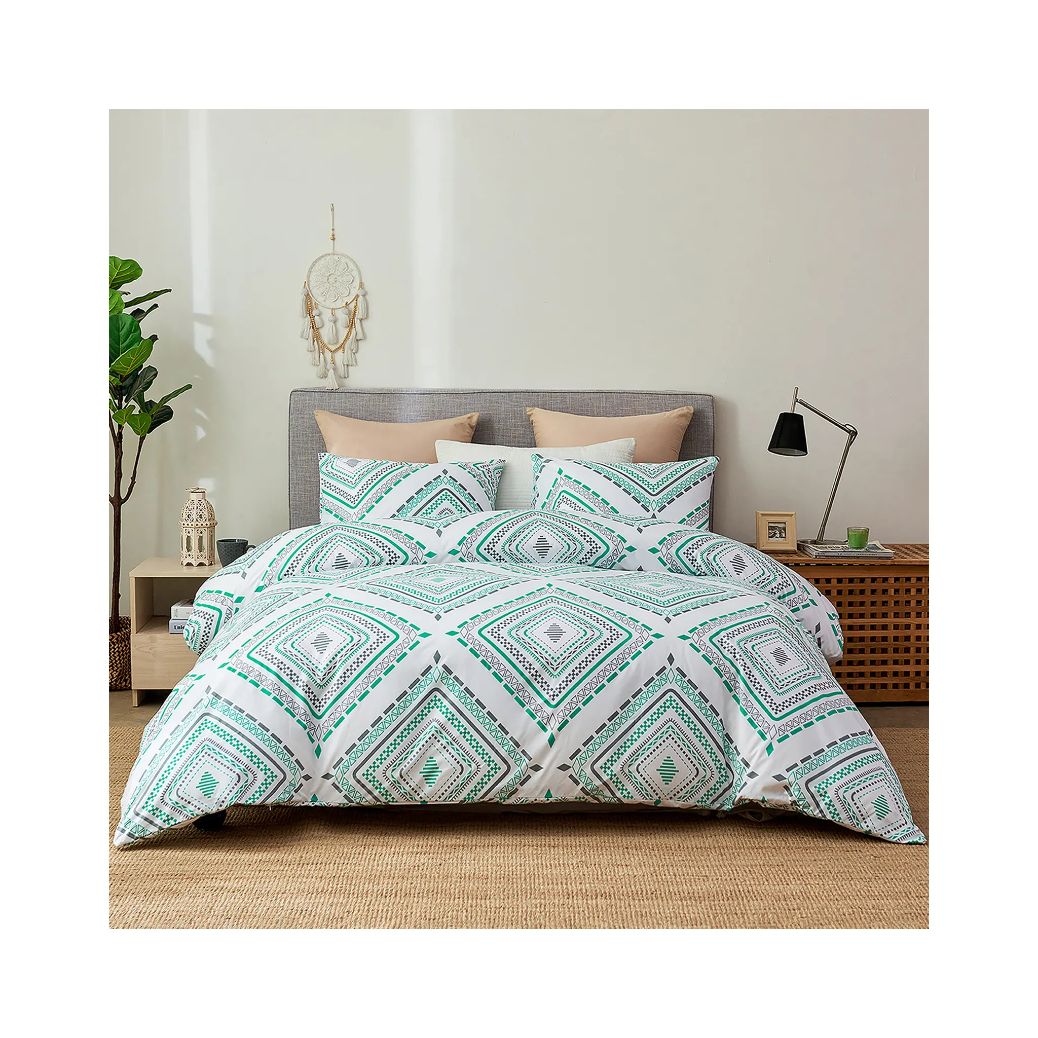 Hot Selling Stylish 3 Pcs Duvet Cover Set Green Unique Printed Bedding Set Queen Size Lightweight Quilt Cover Set All Season
