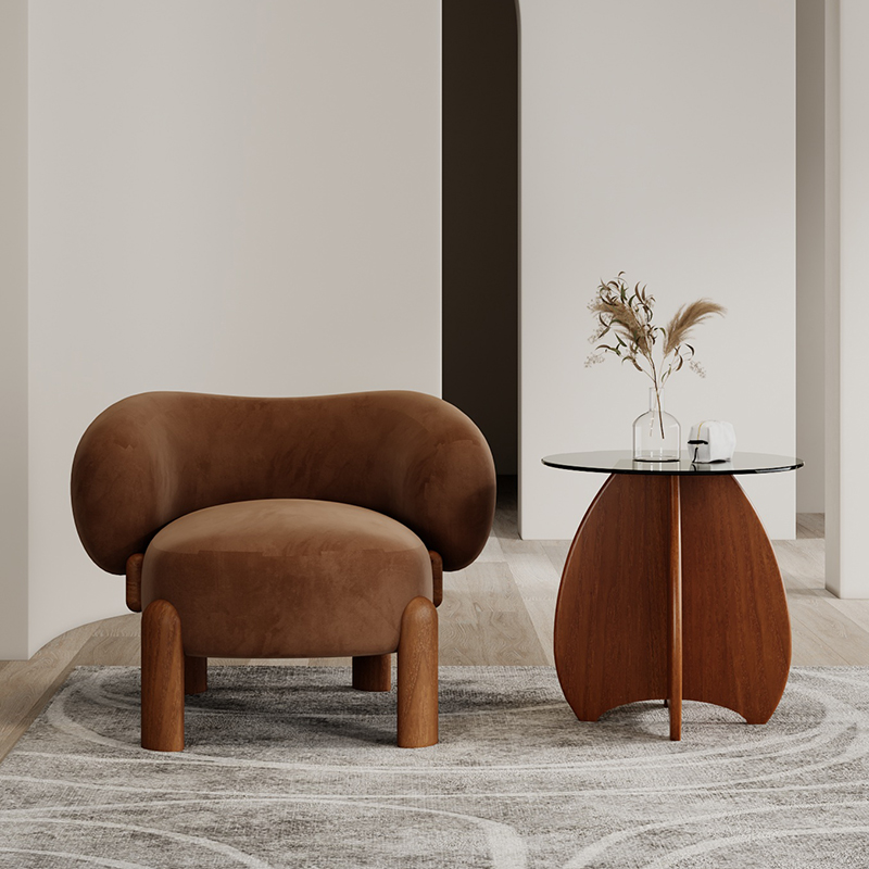 Fauteuil individuel marron foncé, pieds en noyer, revêtement en polaire n°34.