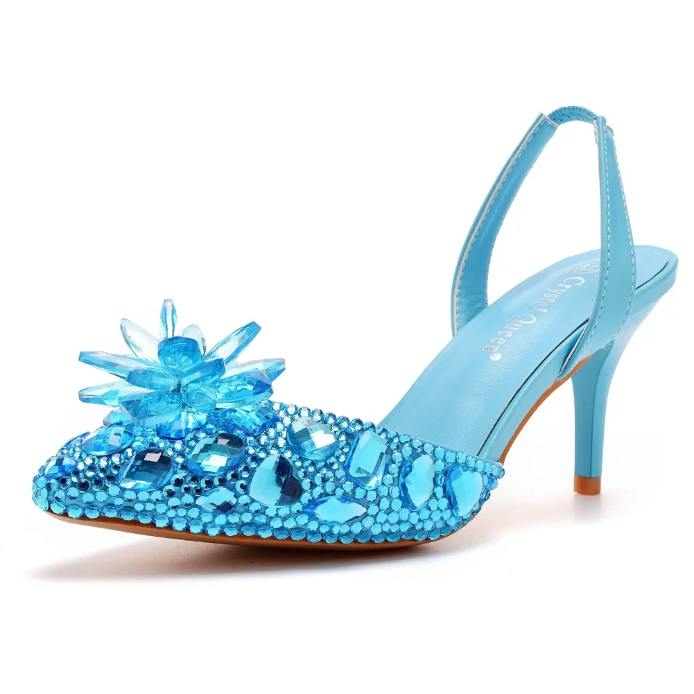 Sandálias de noiva femininas de salto alto cristal diamante 5 cm ouro azul verde princesa sapatos de festa de casamento