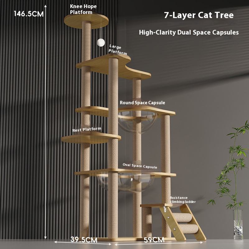 Arbre à chat à sept niveaux avec plateforme de saut pour lit de chat en capsule spatiale