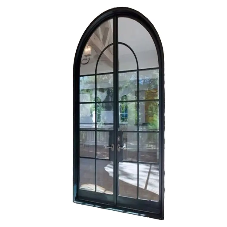 Fornitura diretta elegante ingresso principale ad arco semplice vetro temperato battuto porta di ferro