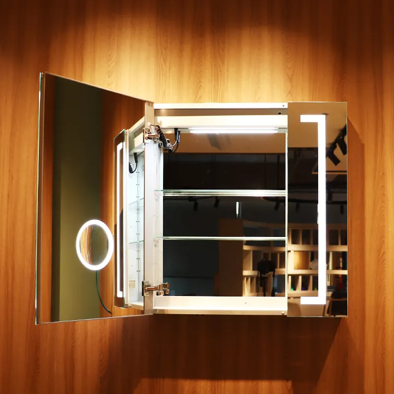 Tocador de montaje en pared para baño y Hotel, mueble con espejo de luz inteligente, personalizado, dos puertas