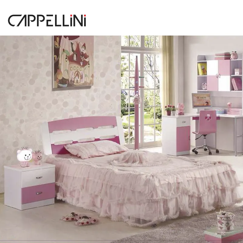 Mobiliário infantil de casa, design personalizado crianças conjuntos de móveis de cor rosa de móveis de madeira meninas quarto conjunto para crianças cama móveis