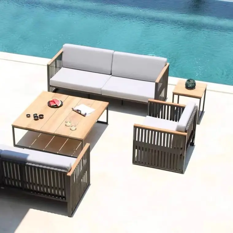 Mobiliário de pátio design de luxo, confortável, madeira, alumínio, três lugares, conjunto de sofá
