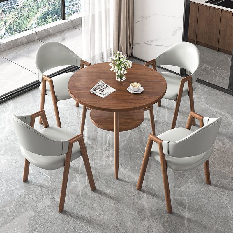 Round table + 4 light gray leather chairs-walnut-colored legs