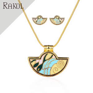 RAKOL迪拜18k镀金珐琅珠宝套装半圆耳钉项链珠宝套装EN029