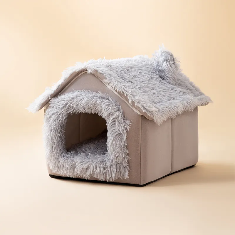 빠른 배송 도매 제조 업체 푹신한 벨벳 개 집 가구 겨울 따뜻한 부드러운 봉제 고양이 홈 럭셔리 애완 동물 동굴 침대