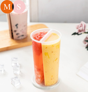 500ml/700ml使い捨て2コンパートメントクリアプラスチックスプリットツインカップふた付きダブルコールドドリンクバブルミルクティーBobaシェアカップ - Product Image 6