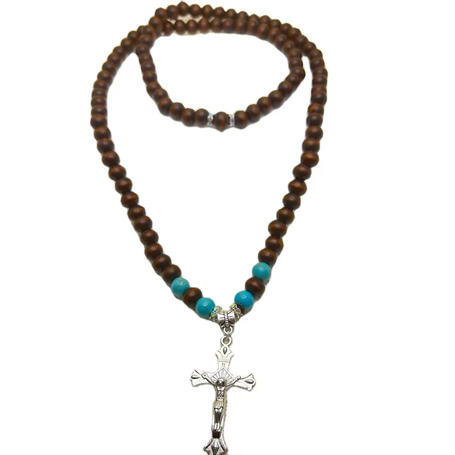 Nuevo estilo, collar versátil en forma de cruz, cadena de cuentas de madera chapada en joyería europea y americana pequeña curvada Retro única