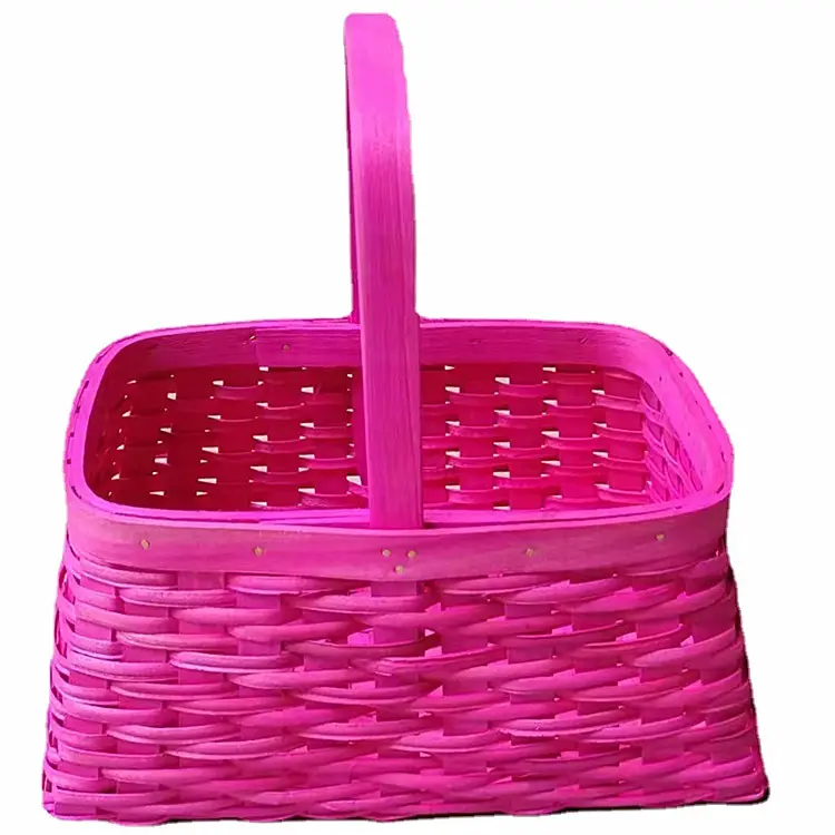 手作り織り木製チップフルーツケーキディスプレイ生花ピンクバスケットピクニックギフトバスケットハンドル付き
