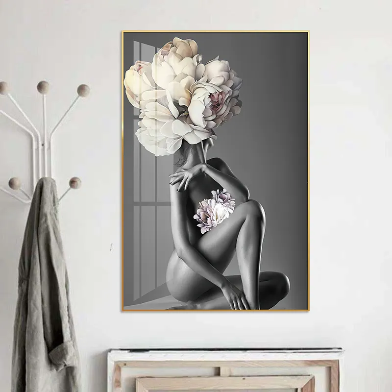 Uma mulher sexy com flores parede arte pintura de luxo nu para home decor imagem impressão lona e menina cartaz