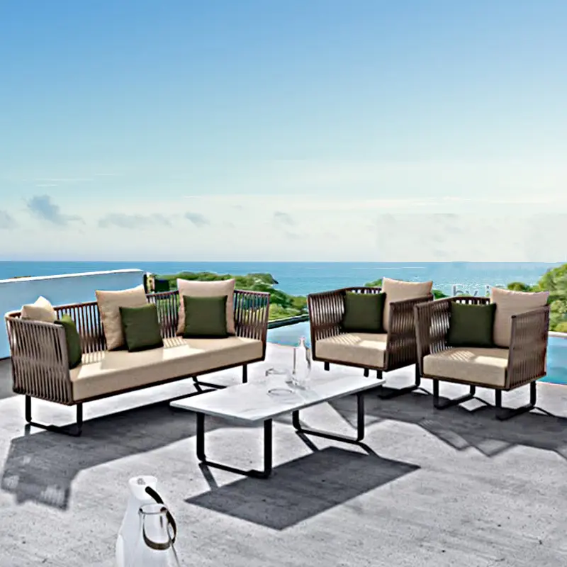 Nhôm bện dây đôi sofa Patio vườn ngoài trời mây sofa ngoài trời combinable sofa kaki với đệm