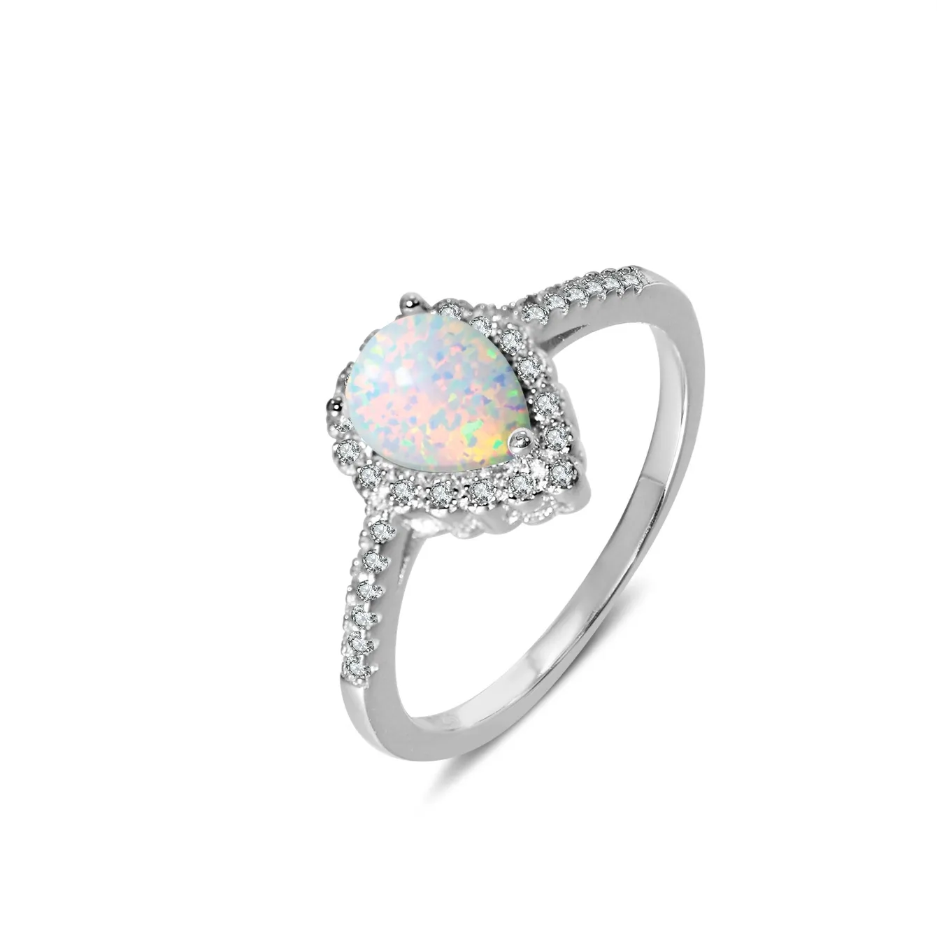 925 Sterling Silver Pear Cut White Opal Ring White Gold Plated Nature Stone Jewelry Engagement Wedding Women Rings