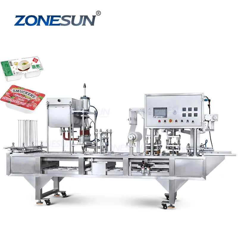 ZONESUN ZS-AFS01 confezionatrice per riempimento e sigillatura di tazze d'acqua di gelatina di comunione di Yogurt lineare completamente automatica