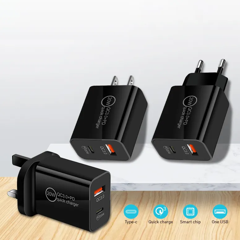 Nouveau produit pd 20W QC3.0 EU/US/UK téléphone portable mur Type C chargeur rapide câble adaptateur 20W PD chargeur