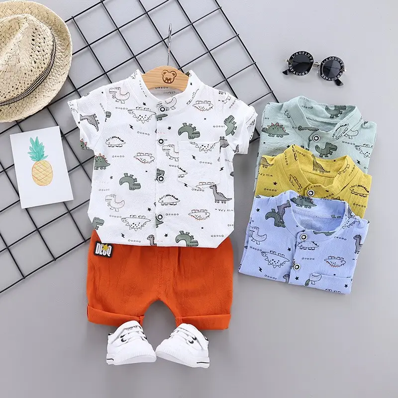 Sıcak satış yaz çocuk giyim setleri dinozor desen bebek erkek giysileri setleri 2 adet gömlek yürüyor çocuk giysileri