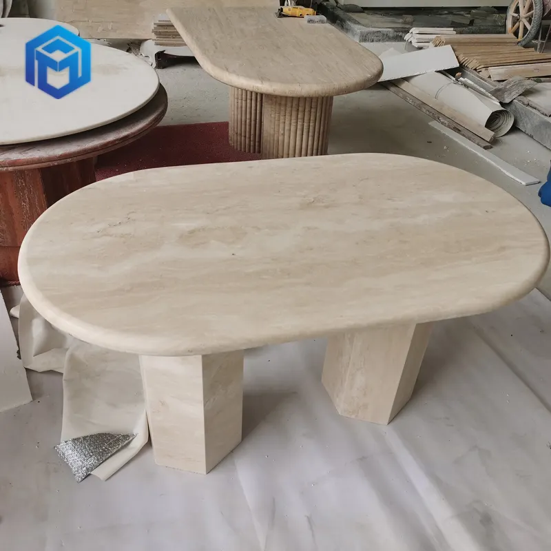 Oturma odası mobilya doğal taş Oval mermer masa İskandinav tarzı İtalyan bej traverten yemek masası