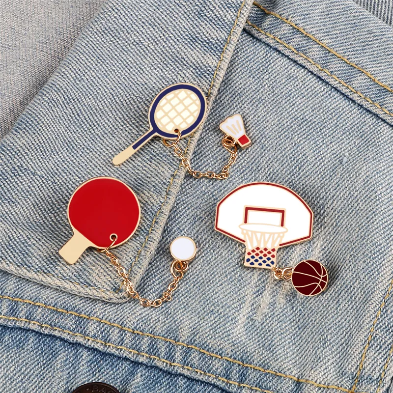 Sports Series Pins Creative Balls Brooch with Chain Basketball Badminton Table Tennis Badge Backpack Lapel Jewelry Boy Men Gift