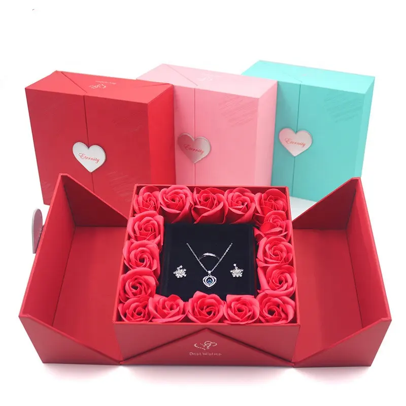 Scatola di collana con 16 fiori eterni e fiori di rosa rosa scatola regalo regalo di compleanno di san valentino festa della mamma 2024