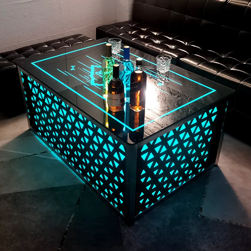 高級バーテーブル家具商業用モダンガラス金属LED発光カクテルバーテーブル輝くナイトクラブテーブル