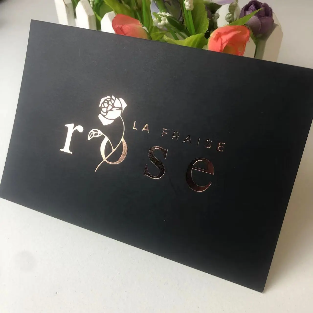 Custom fustel di lusso lamina d'oro rosa logo stampa su unghie gioielli per la cura dei fiori carte di istruzioni di ringraziamento per affari