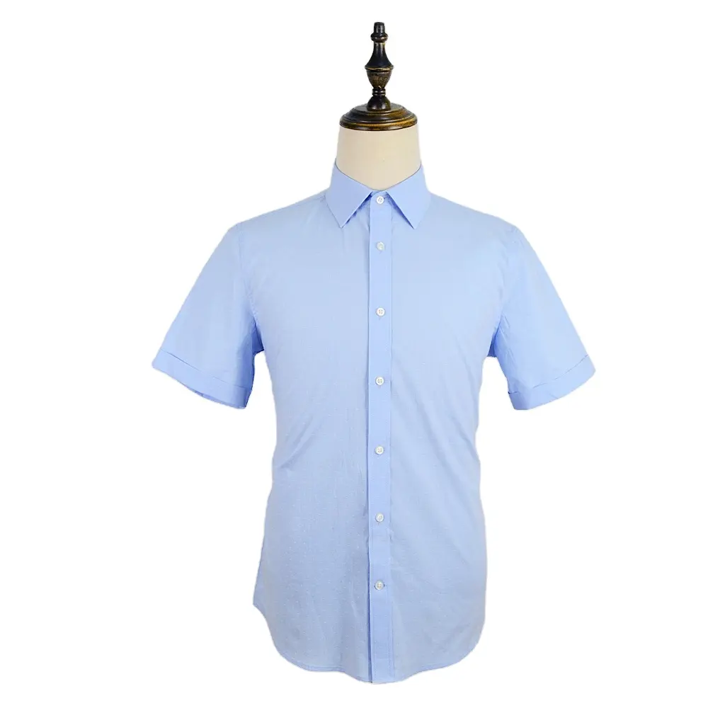 Camicia da uomo jacquard business azzurro 100% cotone manica corta con polsino pieghevole