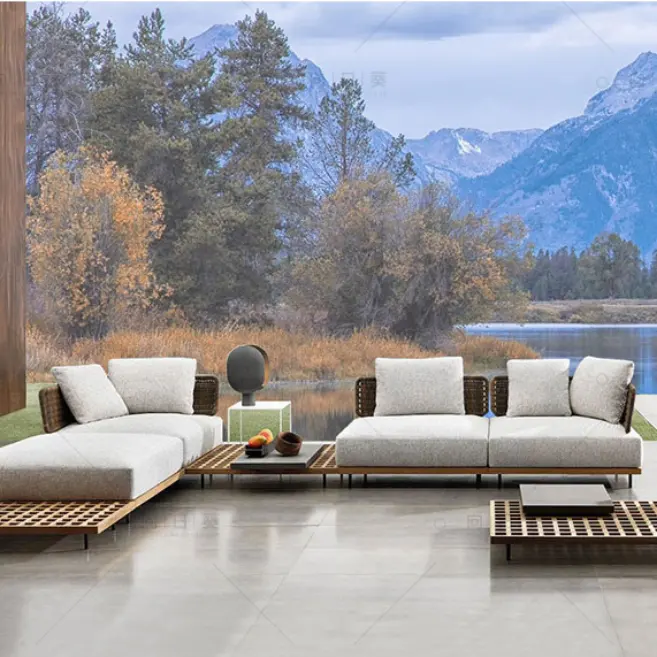 Custom Modular Teak Upholstered Modular Sofa Set Balcony Outdoor Furniture