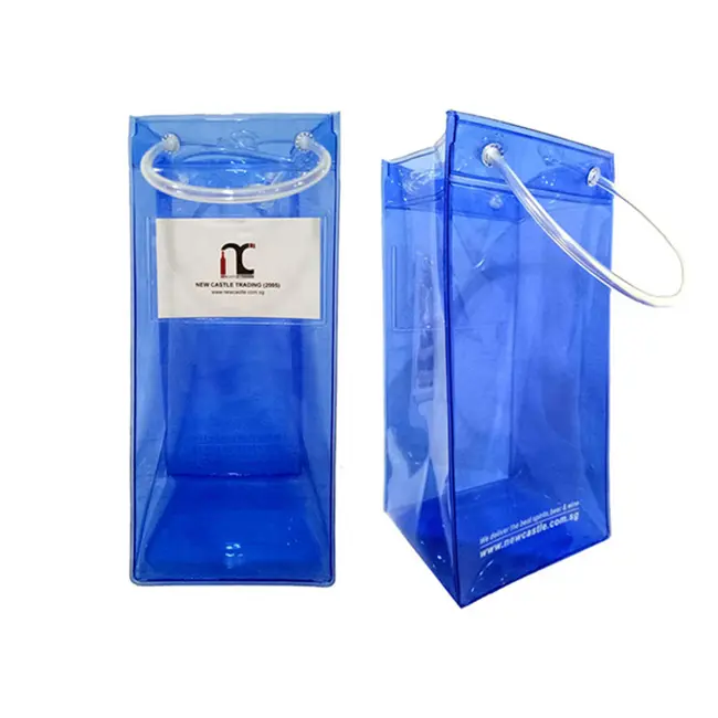 Özelleştirilmiş PVC şeffaf şarap Tote soğutucu buz torbası şişe şampanya çanta tüp kolu ile