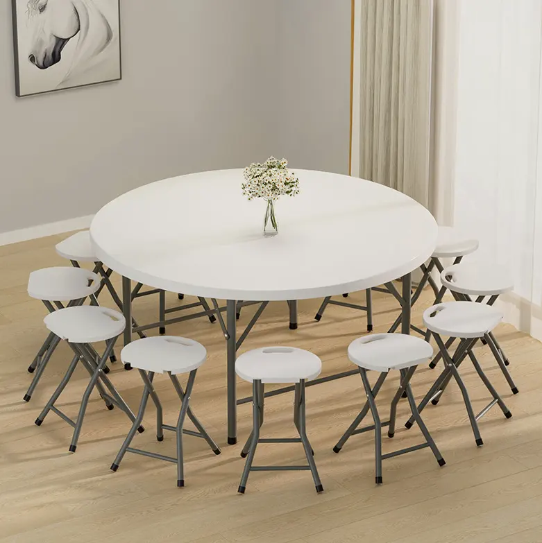 Mesa plegable moderna de plástico blanco de 1,5 m, mesa de comedor redonda de 5 pies para exteriores con construcción de acero Bjflamingo