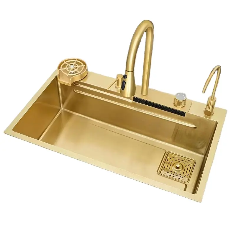 Grifo de fregadero de cascada dorada TIKTOK, fregadero de cocina hecho a mano, lavabo contemporáneo de acero inoxidable 304 dorado, 3 años cepillado 2023