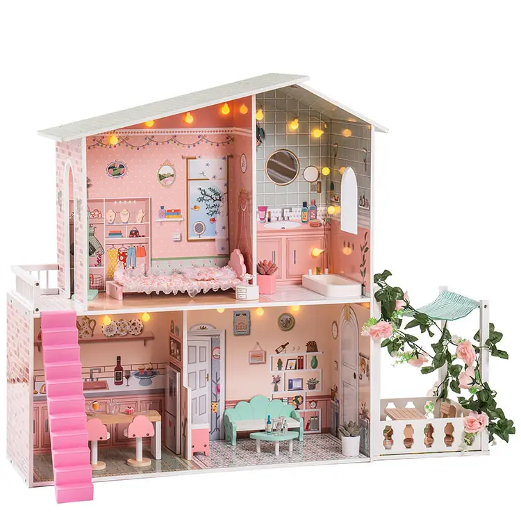 Personalizado Doll House Dream House Móveis Pink Girl Brinquedos Toddler Play house Presente 4 Histórias 10 Quartos Dollhouse com 2 Princesas