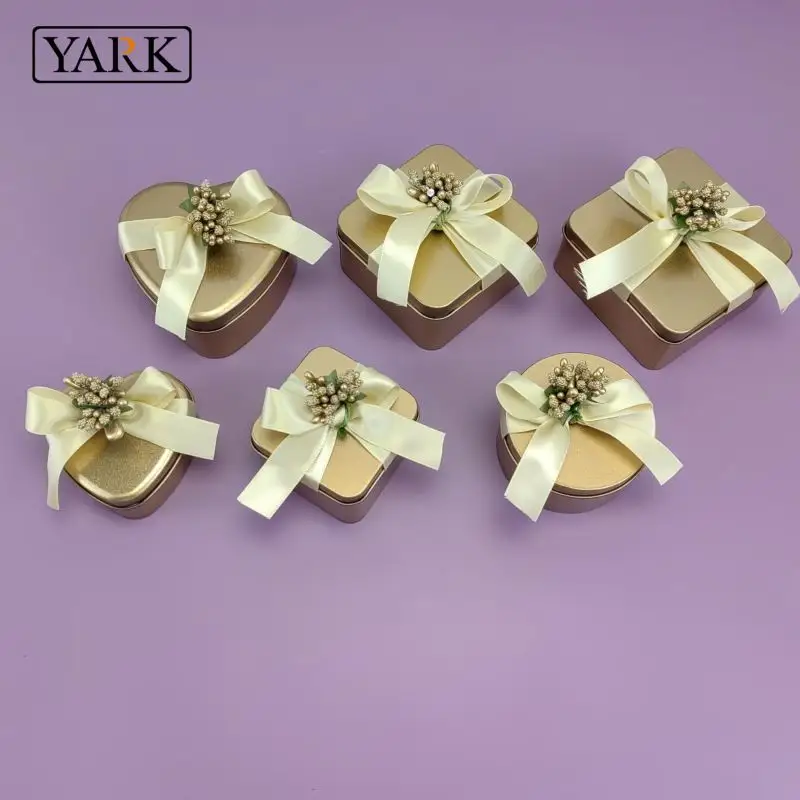 Scatola di latta personalizzata per biscotti con caramelle per matrimoni scatola di latta quadrata rotonda a forma di cuore in metallo dorato