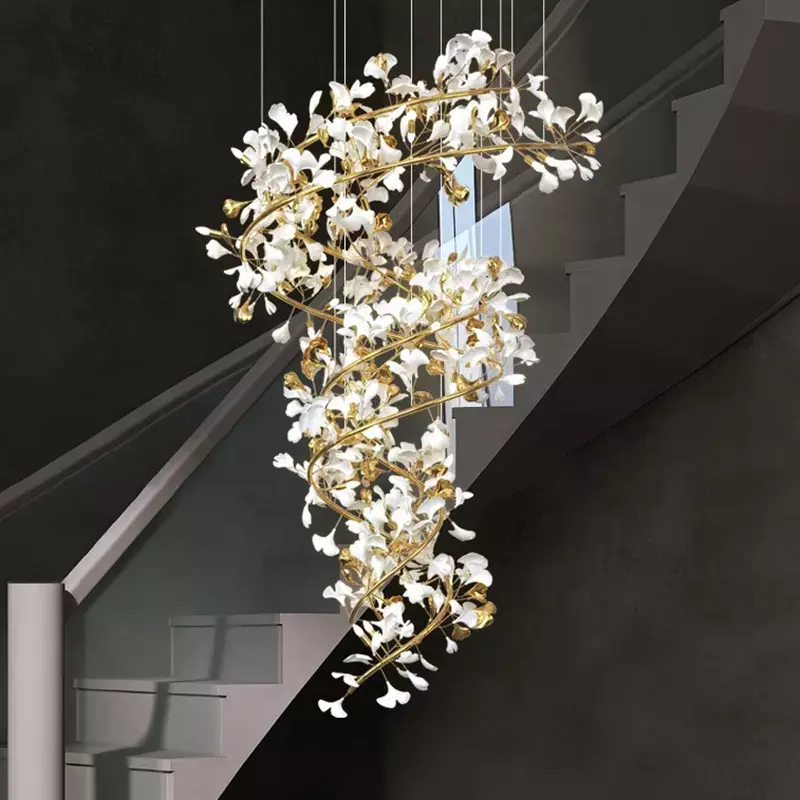 Iwork ceramica bianca gingko foglia petali scala di lusso hotel lampadario personalizzato design lampada a sospensione