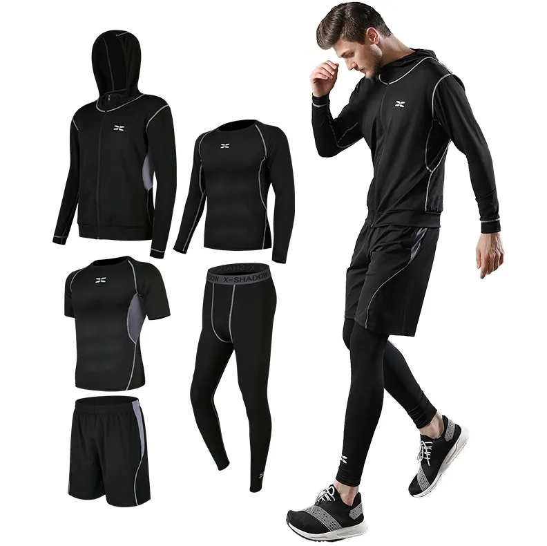 Benutzer definierte 5 Stück Set Herren Trainings anzug Fitness studio Fitness Set Kompression Sport kleidung Lauf bekleidung Männer Ropa Deportiva Hombre Fitness studio