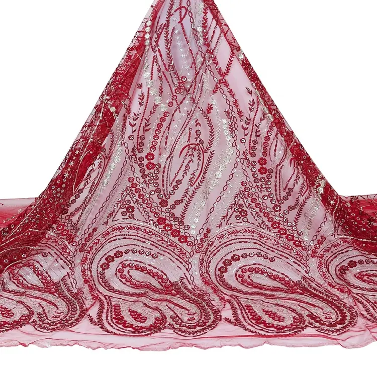 Maille de tulle rouge à paillettes, tissu plat brodé de luxe, nouvelle collection fantaisiste
