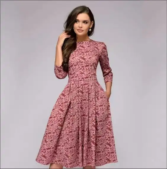 A529womens elegante Vintage algodón gasa Casual Floral estampado trabajo fiesta A-line Swing vestido Midi vestido con manga larga Natural