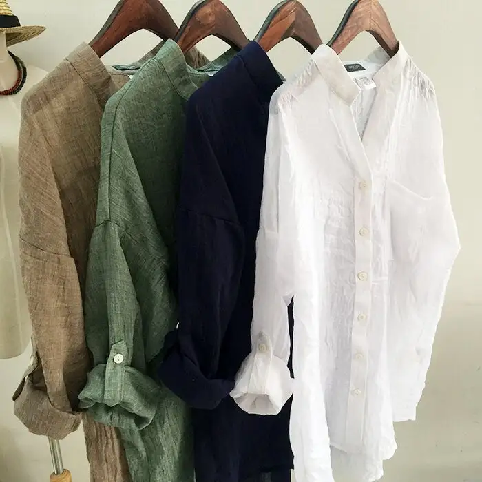 Summer Sun Protection Clothes Japanese Style Loose Cotton Linen Blouse Seven-point Sleeve Tops Stand-up Collar Shirt