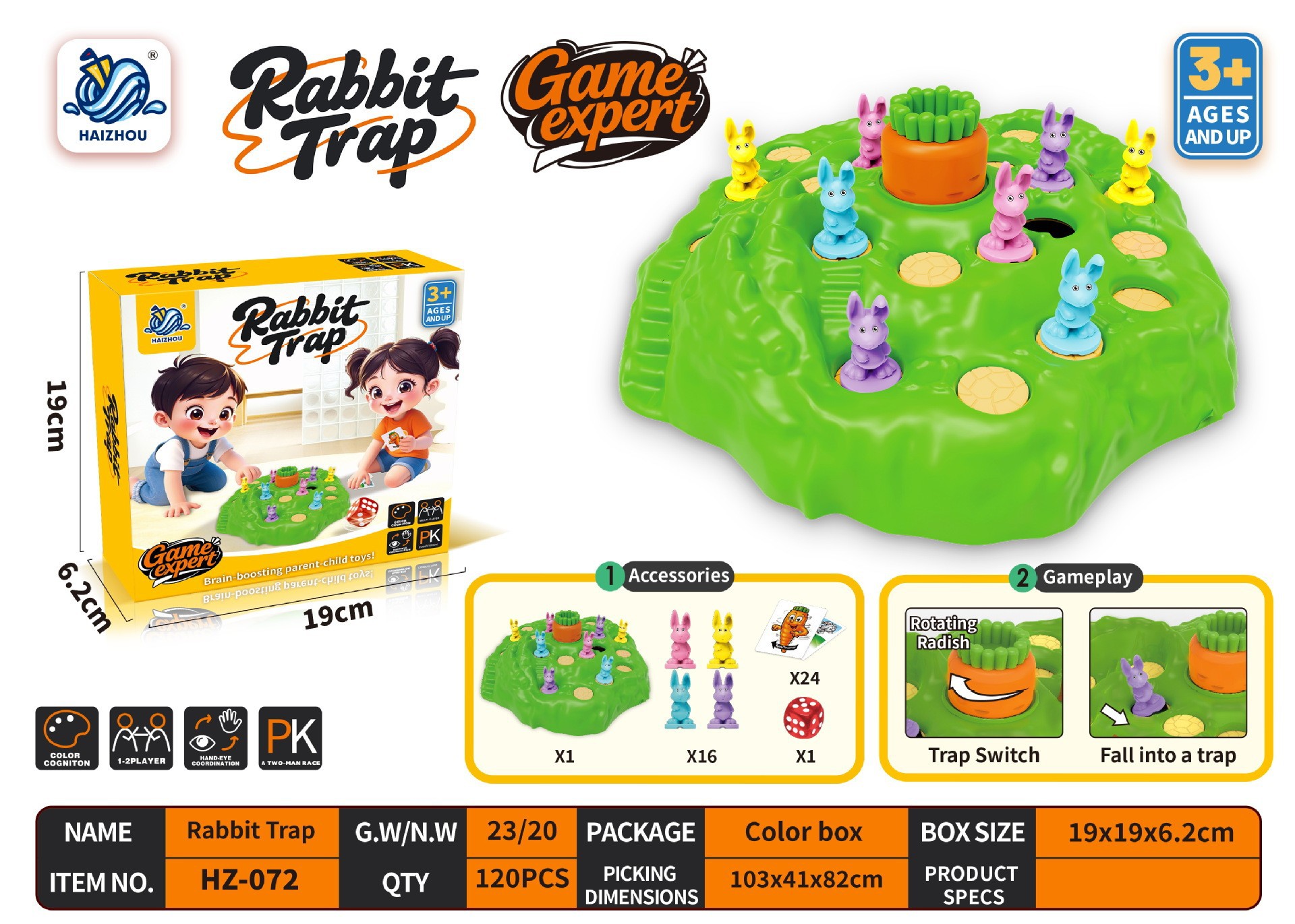 Lapin 1 plateau de jeu piège-24 cartes-16 lapins-die-couleur chinoise b
