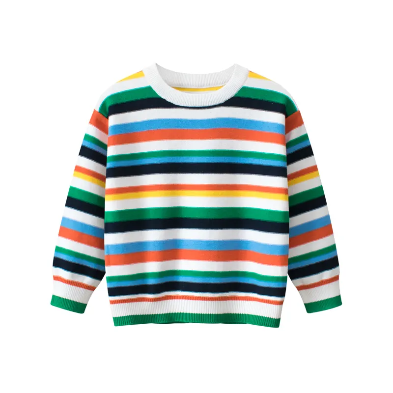 Venta al por mayor de nuevos productos primavera y otoño nuevo suéter de rayas colorido para niños suéter de cuello redondo para bebés