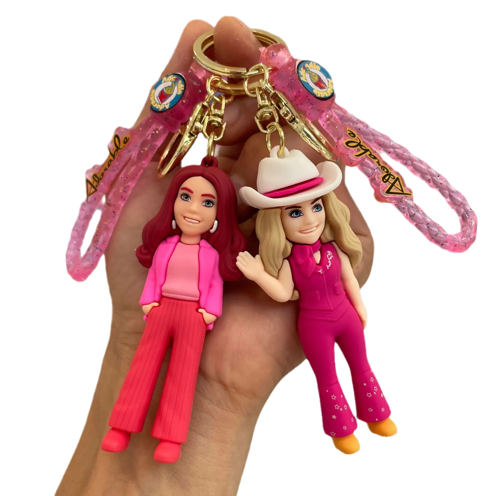 새로운 뜨거운 만화 영화 핑크 공주 고무 애니메이션 그림 열쇠 고리 펜던트 Kawaii 핑크 바비 인형 열쇠 고리