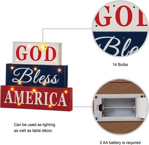 Giorno dell'indipendenza decorazione della tavola in legno americano angosciato segno di blocco dio Bless America con tecnica dipinta a LED - Product Image 4
